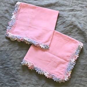 Set Of 2 Handmade Pink Hand Towels Crochet Edge Napkins 16x16 in